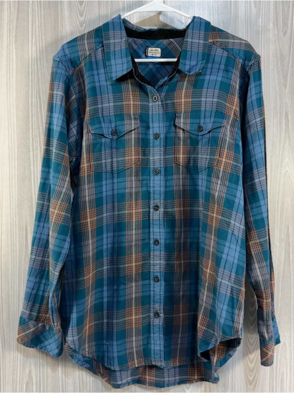 Kavu Blue Plaid High Horizon Flannel Button Down Shirt Elbow Patches Women’s L